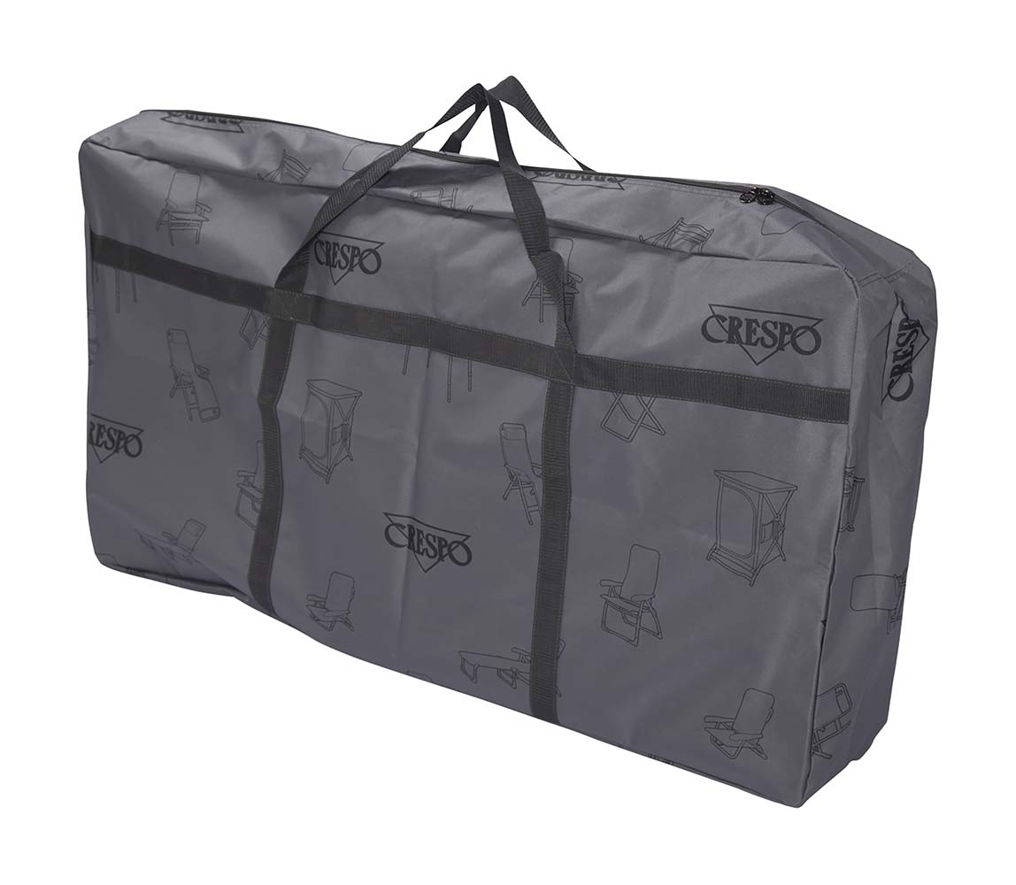 1109998 Durable storage bag for storing chairs and/or tables. A sturdy 600 denier polyester bag with a zipper and carrying handles. Suitable for almost all reclining chairs and tables, even for 2x Crespo chair AL-213C and a Crespo table AP-245.