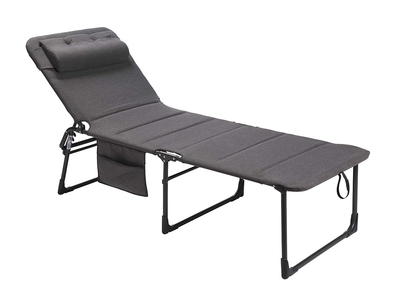 1148279 A very luxurious and one of the most comfortable sun loungers. This foldable bed, adjustable in 5 positions, is equipped with an extra thick and sturdy 3D padded foam filling. The padded fabric wraps entirely around the frame, where the luxurious fabric is attached to the back, creating a very pleasant seating experience. Additionally, the elastics run entirely over the back for increased comfort, and the finishing adds a stylish touch. This padded fabric also does not retain moisture. The sun lounger is extra wide and has easy access. On the side, there is a convenient organizer for storing a book, magazines, a mobile phone, etc. After use, this bed can be quickly and easily folded flat.