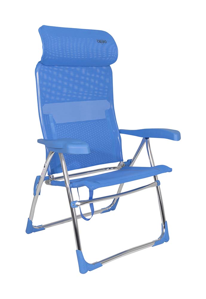 1149330 Een luxe en comfortabele strandstoel met een compact verstelbare hoofdsteun. Ideaal voor gebruik op het strand, voor de tent of voor onderweg. Deze stoel is verstelbaar in 7 standen. Daarnaast is deze strandstoel voorzien van comfortabele armleuningen. Deze stoel is zeer compact en mede door de draaglussen gemakkelijk mee te nemen.