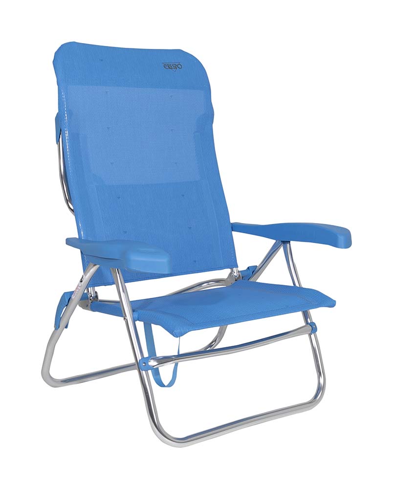 1149350 Een luxe strandstoel met een hogere zit. Ideaal voor gebruik op het strand, voor de tent of voor onderweg. Deze stoel is verstelbaar is 7 standen waarvan 1 stand volledig plat ligt. Hierbij steunt de gebogen bovenkant voor ondersteuning op de grond. Daarnaast is deze strandstoel voorzien van comfortabele armleuningen. Deze stoel is door de draaglussen en zijn lage gewicht gemakkelijk mee te nemen.