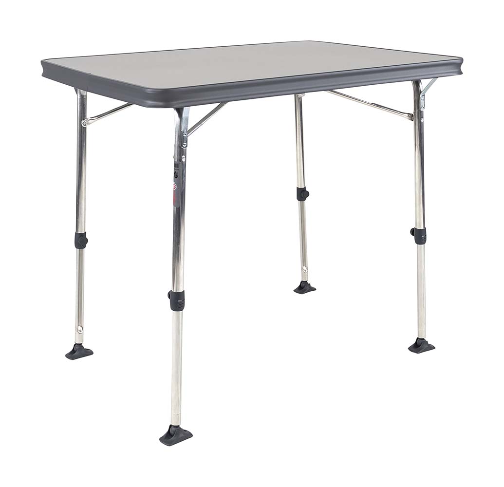 1151325 Camping table with an aluminium frame and -edge. Reinforced construction ensures a stable and lightweight table. Fitted with a heat resistant and waterproof table top. Base height easily adjusted. Dimensions: top size: length 80cm and width 61cm. Folded up: length 81cm, width 62cm and height 3.8cm. Weight: 4.2kg, maximum load-bearing capacity: 50kg. Colour: anthracite (09).