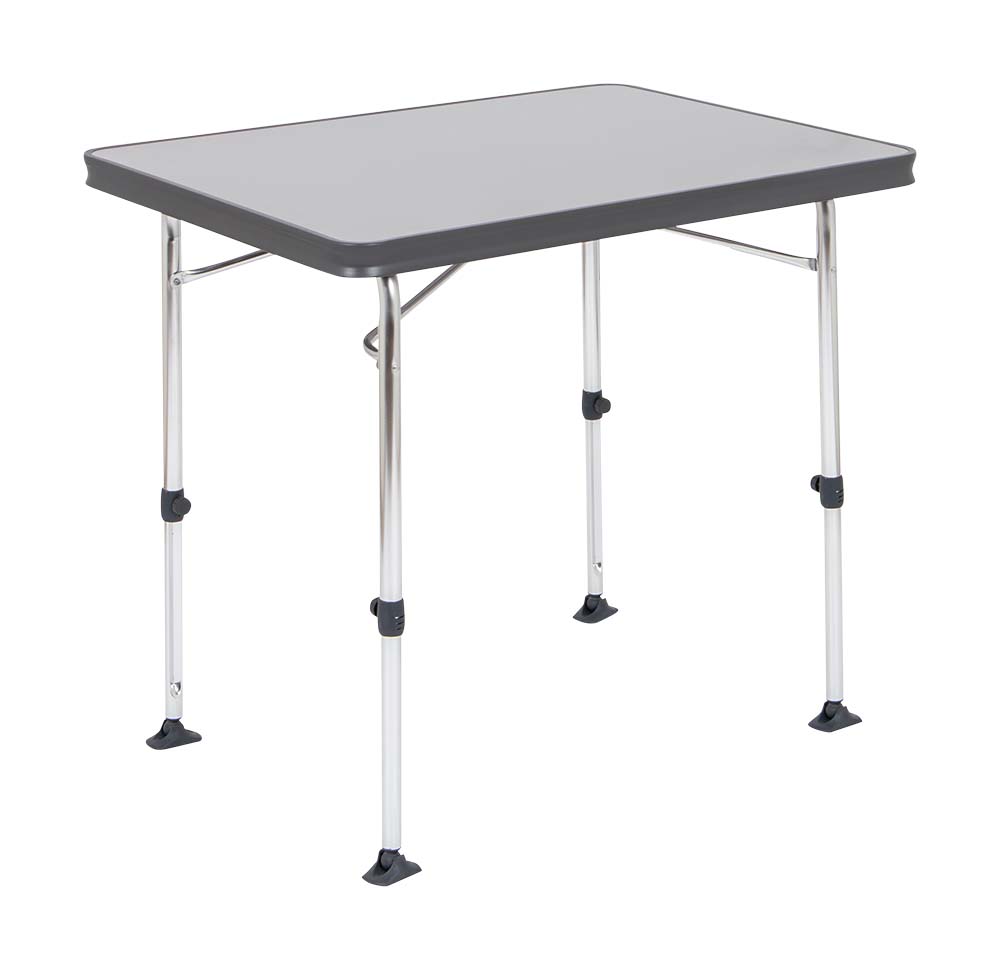 1151328 Camping table with an aluminium frame and -edge. Reinforced construction ensures a stable and lightweight table. Fitted with a heat resistant and waterproof table top. Base height easily adjusted from 48cm to 71cm. Dimensions: top size: length 80cm and width 61cm. Folded up: length 81cm, width 62cm and height 3.8cm. Weight: 4.2kg, maximum load-bearing capacity: 50kg. Colour: anthracite (09). The table features a unique fold-in and fold-out mechanism that makes it very easy to set up and fold down.