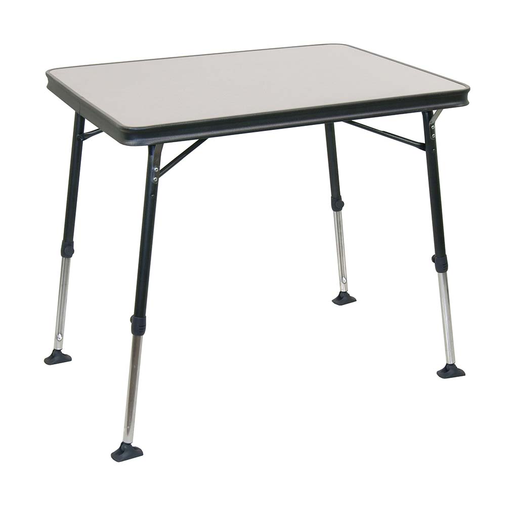 1151330 Een luxe en stijlvolle tafel. Deze lichtgewicht campingtafel is voorzien van een hittebestendig en watervast tafelblad en heeft een extra verstevigde aluminium constructie. Daarnaast zorgt de afwerking van de poten en van de tafelrand voor een stijlvolle uitstraling. De tafel beschikt over traploos verstelbare poten (52-74 cm) die zijn in te klappen, hierdoor is deze tafel eenvoudig en compact te vervoeren (ingeklapt (lxbxh): 80x60x4). Doordat de tafel beschikt over stabilisatie voetjes, staat deze tafel op iedere ondergrond stabiel. Maximale belasting: 50 kilogram.