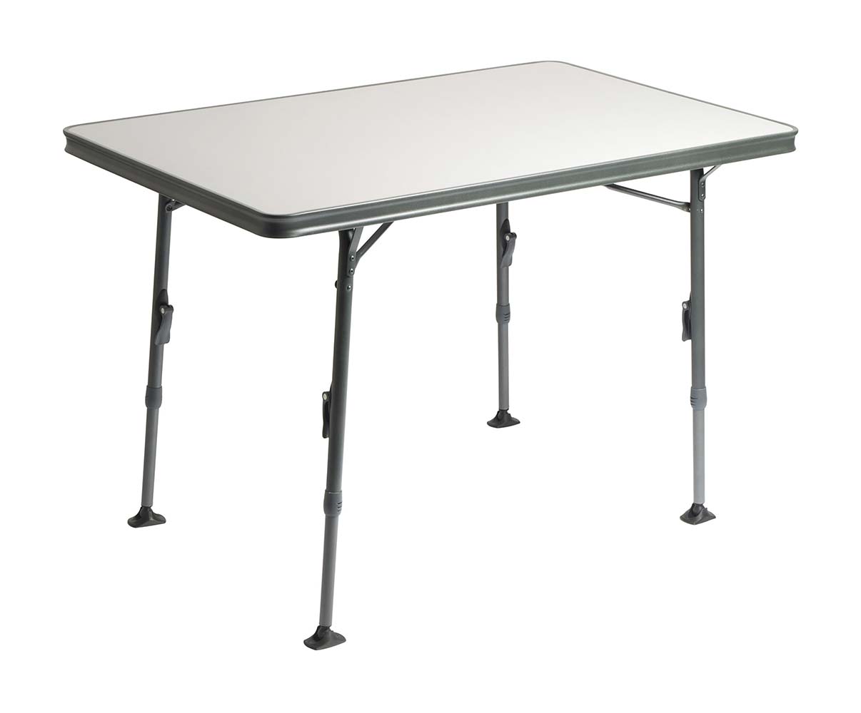 1151380 Een luxe en stijlvolle tafel. Deze lichtgewicht campingtafel is voorzien van een hittebestendig en watervast tafelblad en heeft een extra verstevigde aluminium constructie. Daarnaast zorgt de afwerking van de poten en van de tafelrand voor een stijlvolle uitstraling. De tafel beschikt over traploos verstelbare poten (59-74 cm) die zijn in te klappen, hierdoor is deze tafel eenvoudig en compact te vervoeren (ingeklapt (lxbxh): 110x70x3,8 cm). Door dat deze tafel beschikt over stabilisatie voeten, staat hij stabiel op elke ondergrond. Maximale belasting: 50 kilogram.