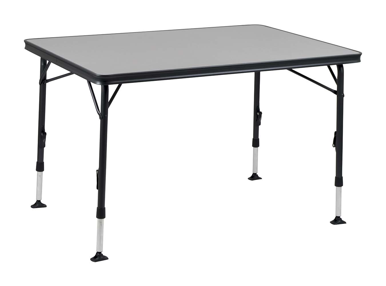 1151400 A stable high quality table. Thanks to its special construction this table is easy to open and close. In addition the feet are easy to mount in the guided aluminium rails on the underside of the table top. The table top is extra spacious so that it can accommodate up to 6 persons.  The aluminium rails at the bottom of this camp table also provide additional reinforcement. The high-quality materials and heat-resistant and waterproof tabletop ensure a long service life. The feet provide high stability through the thick and extra-reinforced pipes. The stabilizing feet provide extra grip on any surface. This table is light weight because of the aluminium frame.