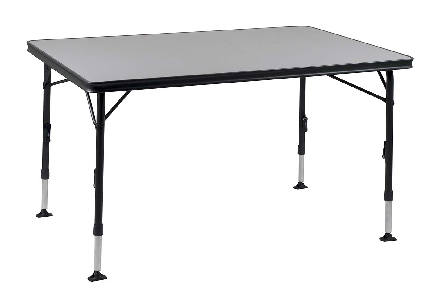 1151410 A stable high quality table. Thanks to its special construction this table is easy to open and close. In addition the feet are easy to mount in the guided aluminium rails on the underside of the table top. The table top is extra spacious so that it can accommodate up to 6 persons. The aluminium rails at the bottom of this camp table also provide additional reinforcement. The high-quality materials and heat-resistant and waterproof tabletop ensure a long service life. The feet provide high stability through the thick and extra-reinforced pipes. The stabilizing feet provide extra grip on any surface. This table is light weight because of the aluminium frame.