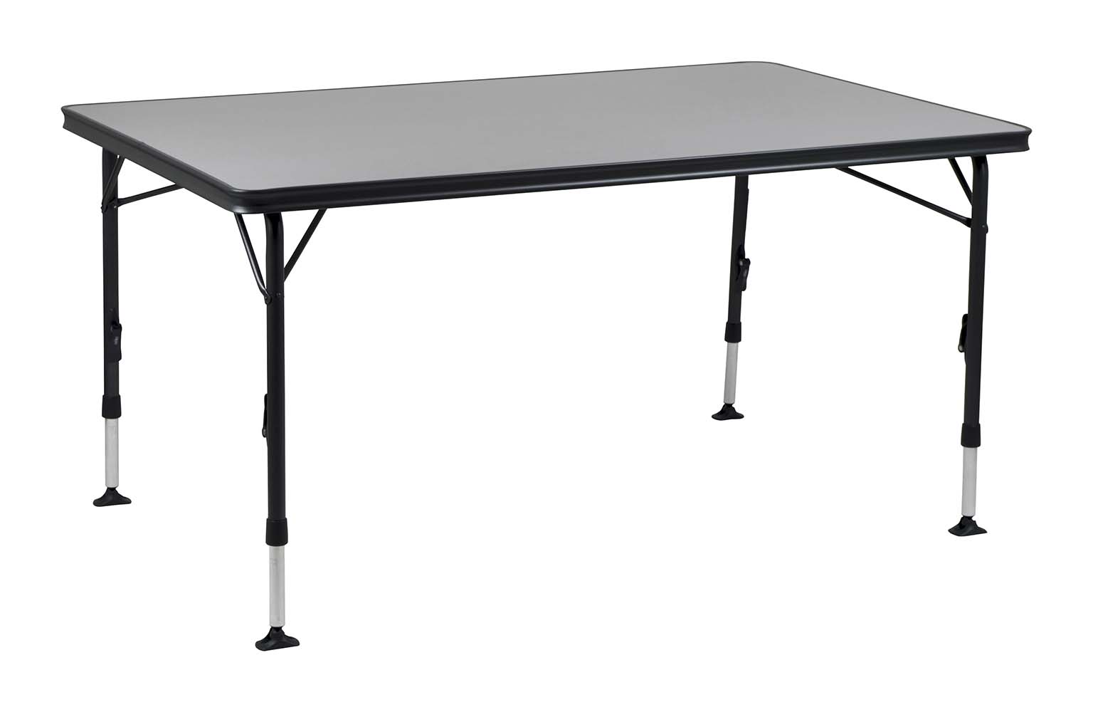 1151420 A stable high quality table. Thanks to its special construction this table is easy to open and close. In addition the feet are easy to mount in the guided aluminium rails on the underside of the table top. The table top is extra spacious so that it can accommodate up to 6 persons. The aluminium rails at the bottom of this camp table also provide additional reinforcement. The high-quality materials and heat-resistant and waterproof tabletop ensure a long service life. The feet provide high stability through the thick (28 mm) and extra-reinforced pipes. The stabilizing feet provide extra grip on any surface. This table is light weight because of the aluminium frame.