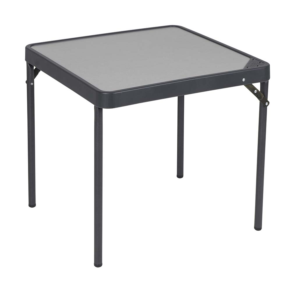 1151425 Een lichtgewicht en zeer stabiele vierkante tafel. Deze campingtafel is voorzien van een hittebestendig en watervast tafelblad en een aluminium frame met stijlvolle grijze poten. De tafel is zeer geschikt als bijzettafel. De campingtafel is eenvoudig en compact te vervoeren.