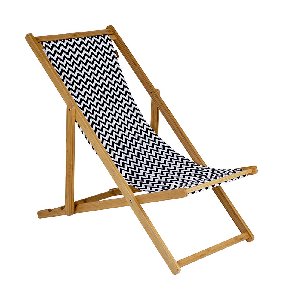 1200300 A classic beach chair with a modern look. This extremely stable chair features a bamboo frame and solid canvas lining. The fabric can be removed and is easy to wash. The chair can be folded up and carried (LxWxH: 60.5x4x140 cm).