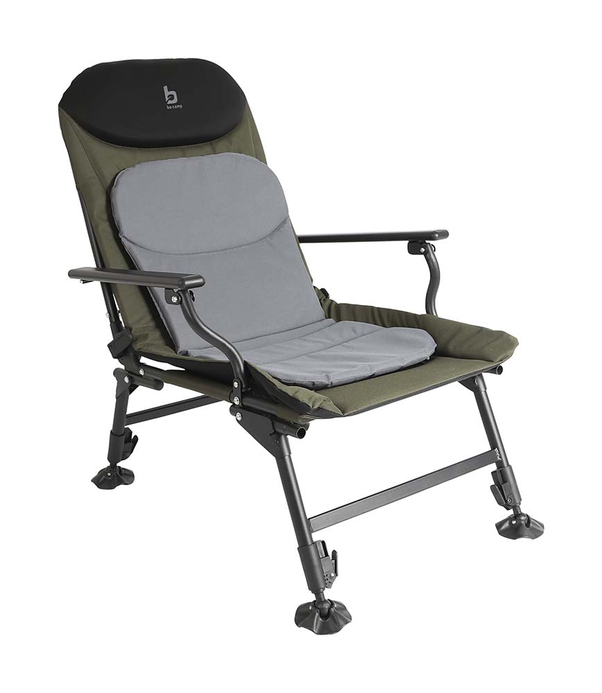 1204100 A very sturdy and comfortable fishing chair. The upholstery is made of very sturdy 600D Oxford Polyester and the frame of strong steel. The backrest is infinitely adjustable by clamps at the back, so the chair can always be put in the desired position. Equipped with a removable cushion. The fishing chair is suitable for any surface because of the independent adjustable and reinforced feet. The fishing chair is fully foldable.