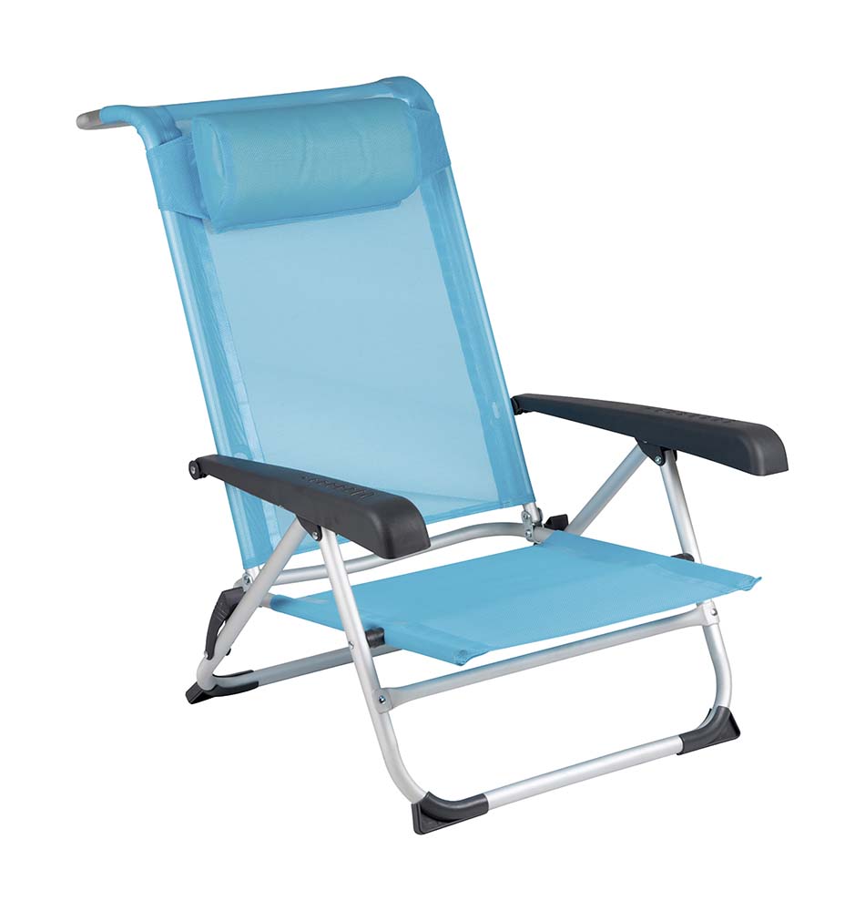 1204784 Een stijlvolle en lichtgewicht strandstoel. Deze stoel is verstelbaar in 8 standen waarvan 1 stand volledig plat ligt. Hierbij steunt de gebogen bovenkant voor ondersteuning op de grond. Daarnaast is deze strandstoel voorzien van comfortabele armleuningen, stabilisatoren voor extra stabiliteit en een verstelbaar hoofdkussen. Deze stoel beschikt over een lichtgewicht geanodiseerd aluminium frame met textileen bekleding. Eenvoudig in te klappen en zeer compact mee te nemen. Zithoogte: 22 centimeter. Zitdiepte: 42 centimeter. Zitbreedte: 46 centimeter. Ruglengte: 60 centimeter. Maximale belasting: 100 kilogram.