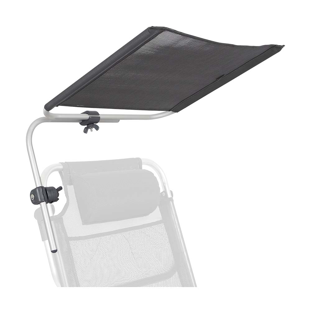 1205090 A stylish sunshade. It easily attaches to the frame of most camping chairs and stretchers. In addition, the screen can be rotated in any direction.