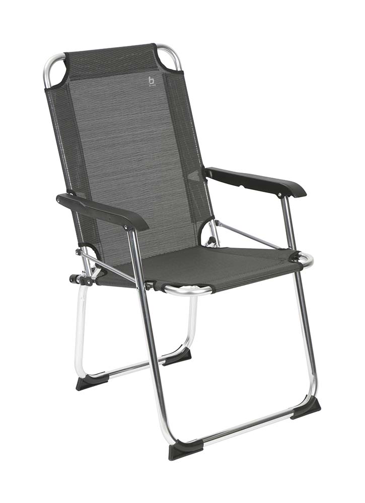 1211940 "A luxurious and compact folding chair. A chair where design, comfort and functionality is combined. With a extremely luxurious and strong textilene fabric and a lightweight aluminium frame. The chair also has extra stabilizers and a 'safety lock' against undesired folding. Compact to carry (folded LxWxH): 70x58x7 centimetres. Seat height: 42 centimetres. Seat depth: 46 centimetres. Seat width: 48 centimetres. Maximum load bearing capacity: 110 kilogram."
