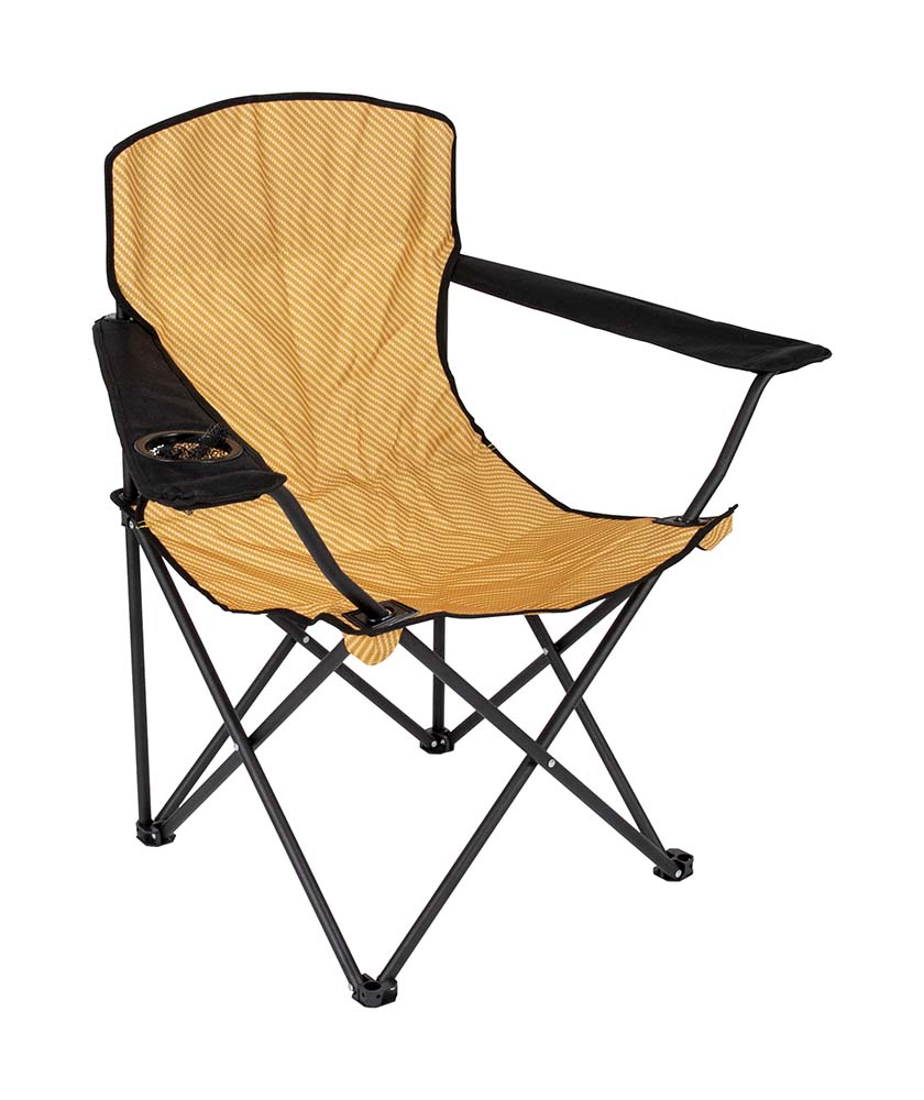 1267184 A trendy and modern lightweight folding chair with an industrial look. This folding chair has comfortable armrests with a special drinks holder. Very compact when folded and the included carrier bag makes for easy transport. The chair has a steel frame with a 600 denier nylon seat with a carbon look.
