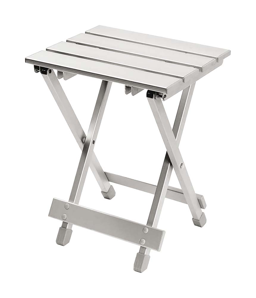 1404362 A compact and folding table / stool. By using the dimension as stool or as table. Made from lightweight aluminium and equipped with a waterproof and heat resistant table top. Compact and easily collapsible (LxWxH): 48x30x5 centimetres. Maximum load: 60 kg.