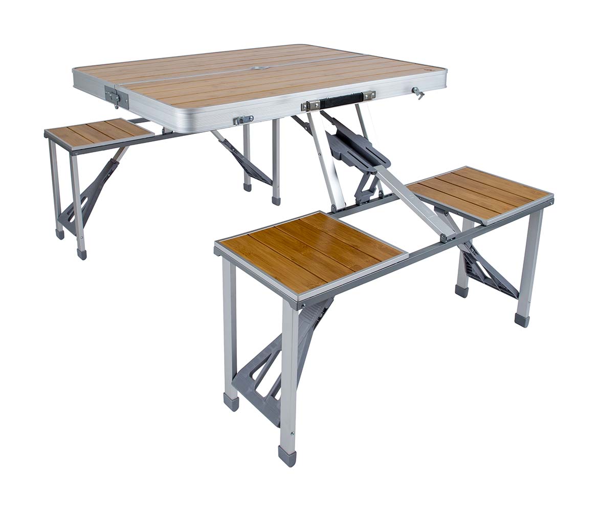 1404800 A stylish aluminum picnic table with bamboo tops. Very compact foldable to just one case (lxwxh: 85x11x34 cm). This family table has 4 seats and is ideal for camping, garden or terrace. In addition, the table has a heat and water resistant top.