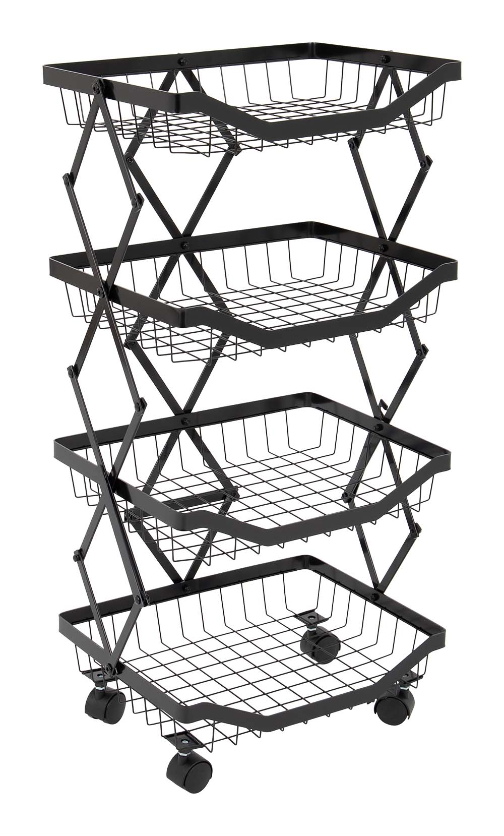 1609299 A collapsible and sturdy steel storage rack from the Industrial collection. The rack has 4 baskets so it offers a lot of storage space. In addition, it is easy to carry because the rack is foldable with a height of 19.5 cm. Furthermore, the rack also has wheels making it easy to move.
