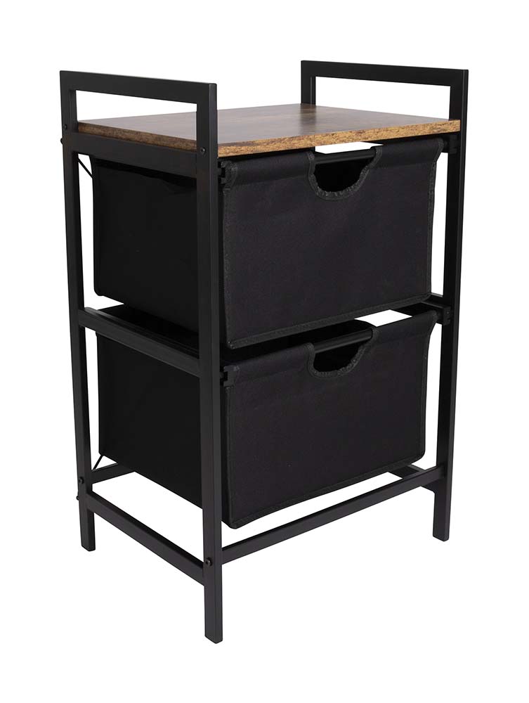 1609306 A stylish cabinet with an industrial look and wood look top. The cabinet is equipped with two extendable baskets. In addition, the cabinet has a sturdy steel frame and 2-tone 600D Polyester cladding. Ideal for the garden, at home or in the tent. Moreover, the cabinet is completely demountable.