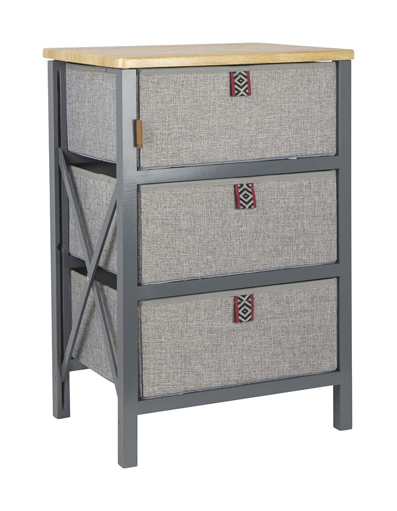 1609312 A stylish camping cupboard with 3 drawers. The cabinet has a stylish gray wooden frame and contains 3 handy drawers, the top is made of MDF + PVC. The cabinet has very nice finished details. The cupboard is very easy to fold and easy to carry in the supplied carrying case. Ideal for in the tent, at home in the bathroom or for example on the balcony.