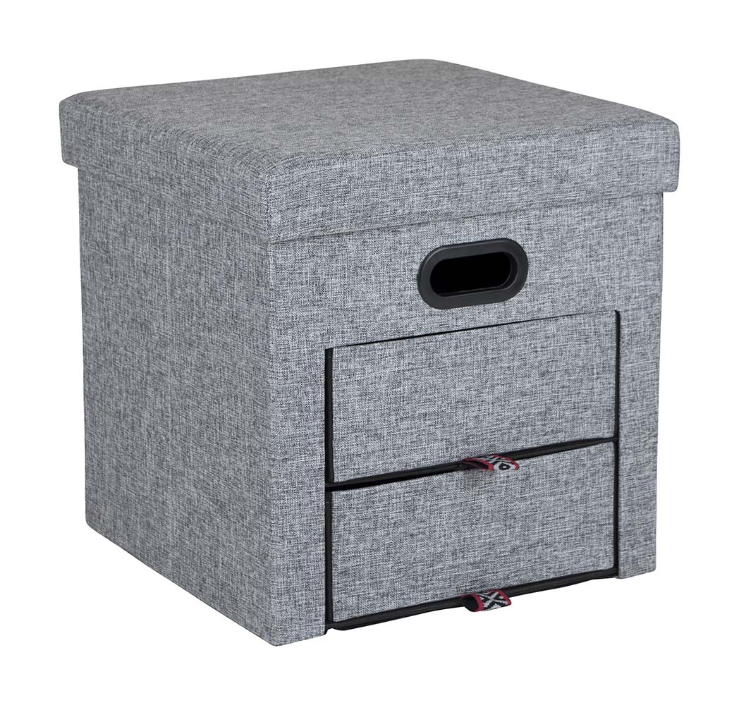 1609340 A trendy Ottoman with 2 drawers. Suitable for storage purposes but also to sit on. Made of Oxford Polyester with a linen look. Maximum capacity: 100 kg.