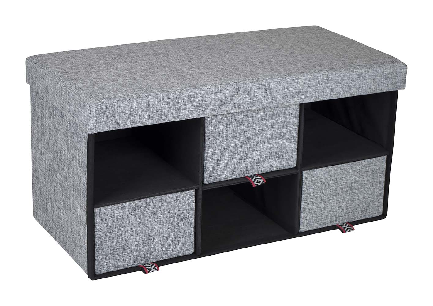 1609345 A trendy ottoman with 6 storage compartments. Offers seating for 2 persons. Suitable for storage purposes but also to sit on. Padded lid for extra sitting comfort. Made of Oxford Polyester with a linen look. Supplied with 3 drawers.