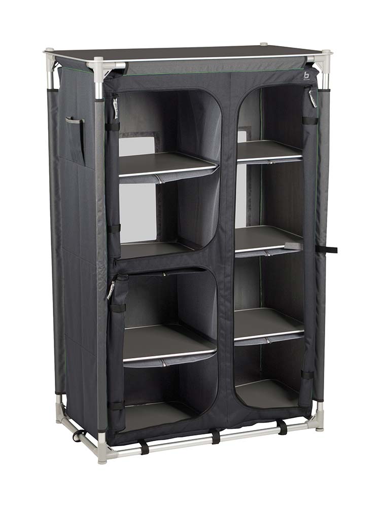 1693641 A compact dresser with an optional hanging part. This cabinet has 8 sturdy shelves or 4 shelves on the left and a rod on the right. Has a luxury 2 tone 600 denier polyester cover and a supporting tray. The adjustable legs are separately adjustable so the closet is stable on almost any surface. Comes in a carry bag. Folded up (lxwxh): 94x53.5x15 cm.