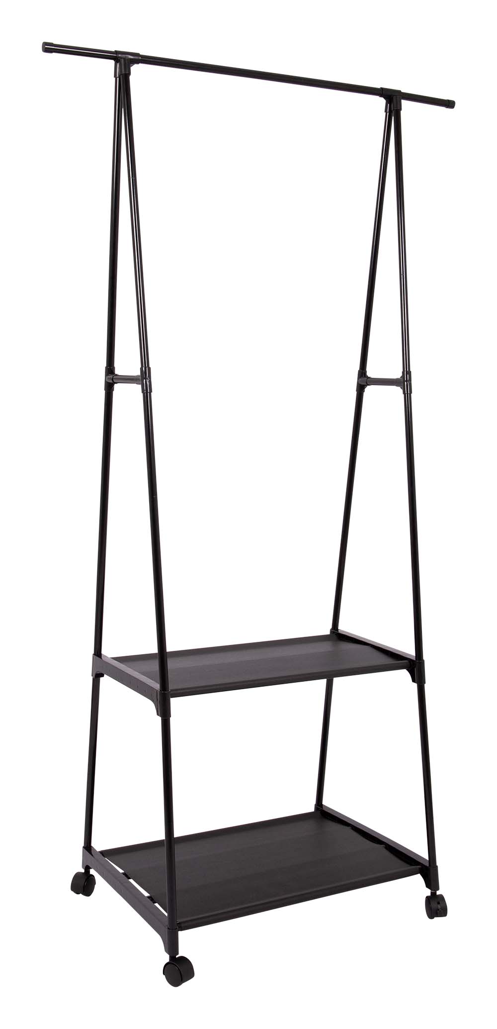 1694030 A lightweight black steel clothing rack. Easy to move around due to the wheels at the bottom. It also comes with 2 shelves for storing shoes, for example. The clothing rack is compact and easy to take with you. Ideal for camping or home use.