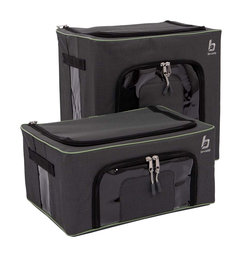 1709280 A set of sturdy storage boxes with two different heights: 20 and 35 cm. The steel frame provides extra stability. They are made with durable 600D polyester fabric that is resistant to moisture, dirt, and insects. Thanks to the two viewing windows on the front, you can see the contents directly. The front zipper provides easy access to the contents. These storage boxes can be folded compactly and are ideal for use at the campsite, on the go, or at home.