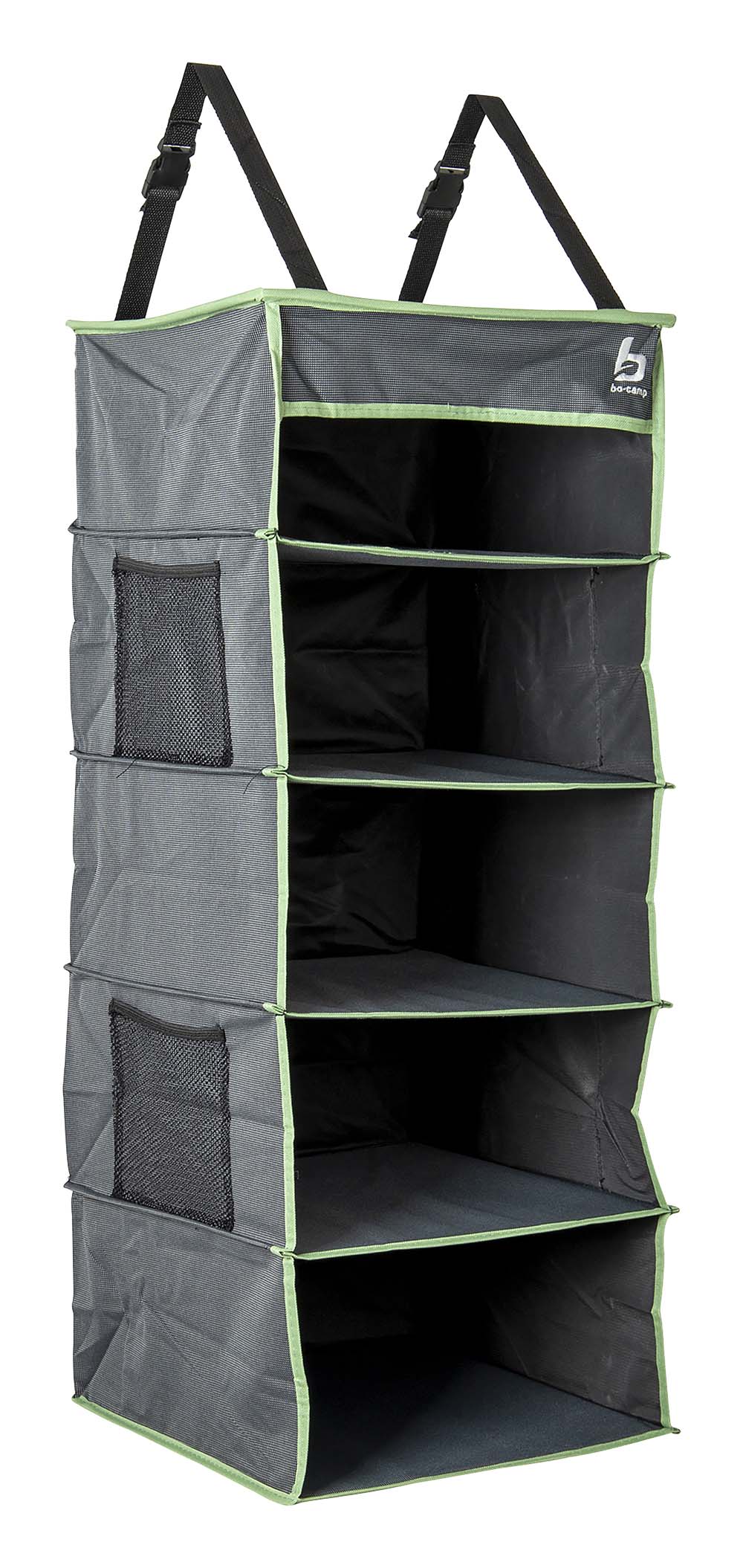 1709370 A 5 compartment hanging wardrobe. Has 5 compartments where you can optionally place a drawer (not included). Simple, and can be mounted in various ways. This organiser can be hung with straps to a tent pole. The loops at the bottom provide additional fixation. Made of an extra sturdy Two-Tone 600D Oxford Polyester.