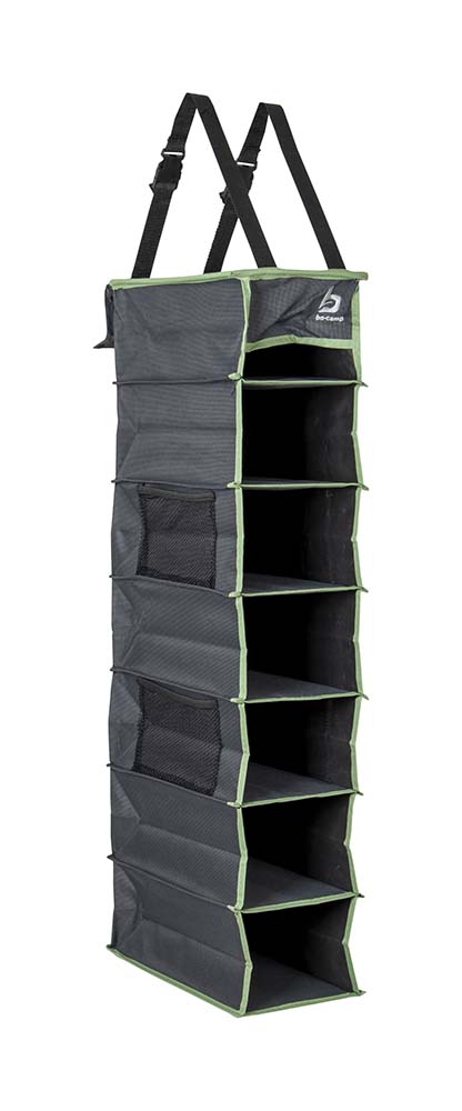 1709375 A 7 compartment hanging wardrobe. Has 7 compartments where you can optionally place a drawer (not included). This organiser can be hung with straps to a tent pole. The loops at the bottom provide additional fixation. Made of an extra sturdy Two-Tone 600D Oxford Polyester.