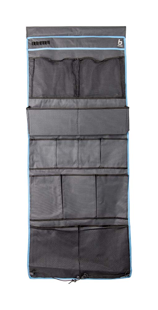 1771541 A multifunctional and very spacious 14-compartment organiser. Comes with 5 rows with 2 to 4 compartments per row. The top row is fitted with mesh and has 2 large compartments. This tent-organiser can be hung on a caravan rail using the cord or attached to a tent pole using Velcro or on hooks using the eyelets. The loops at the bottom provide for extra stability. Made of a 420D nylon.
