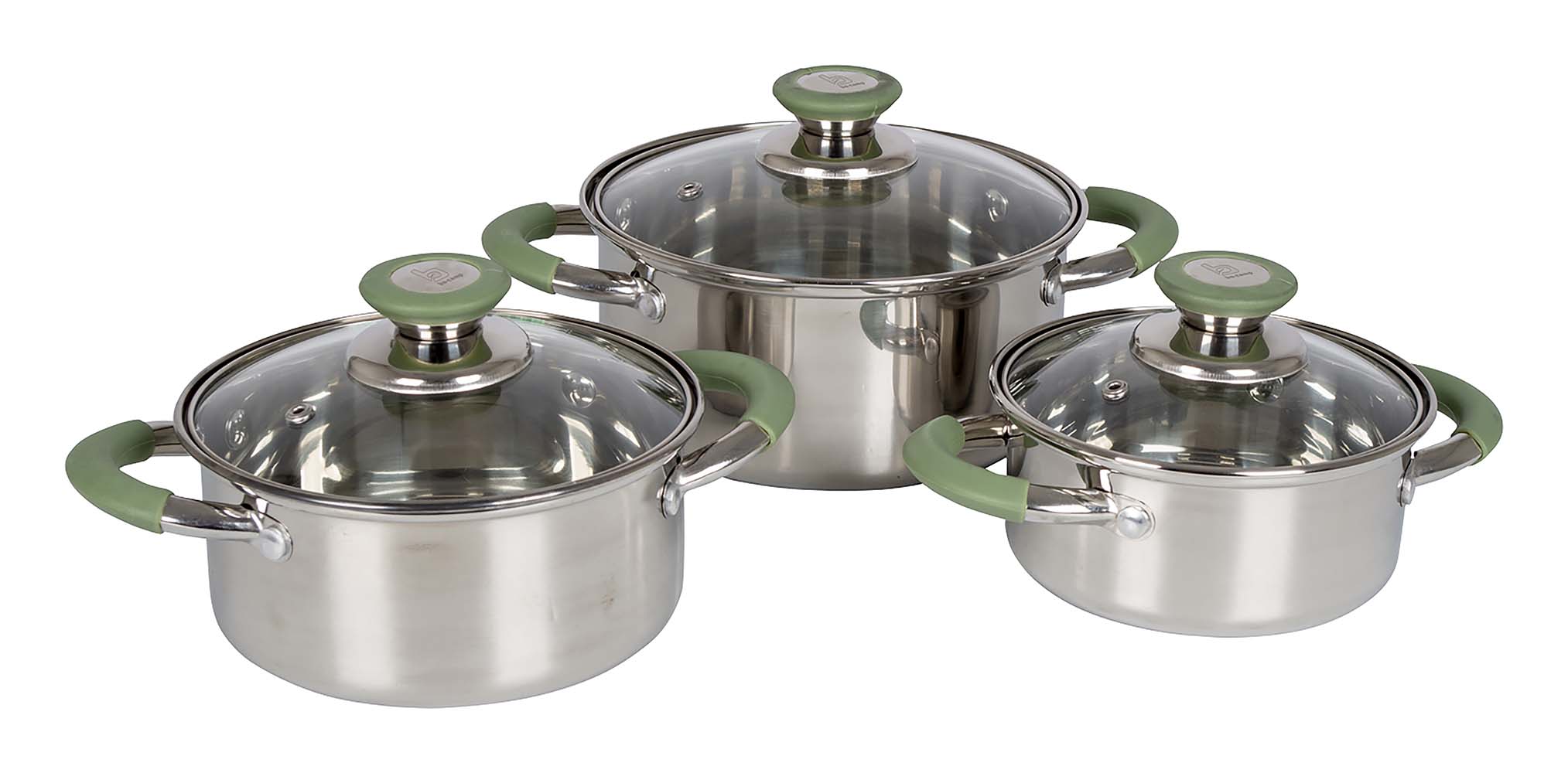 2100920 A 3-part low cookware set. These cooking pans are equipped with sturdy and heat-resistant hand grips and a heat-resistant knob on the lid. Can be used on gas, ceramic and electrical heat sources. Dimensions (Øxh): 14x7, 16x8 and 18x9 cm. Contents: 1,1, 1,6 and 2.3 litres.