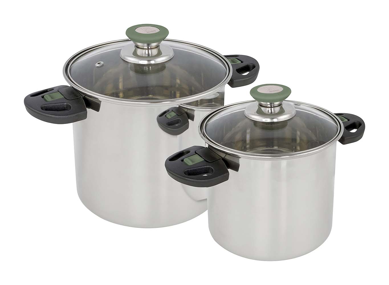 2100930 A luxurious 2-part stainless steel cookware set. Every pan has a glass lid with heat-resistant knob. In addition, every pan has heat-resistant and retractable hand grips. These hand grips can be easily folded after use so that the pans are fully nestable and compact to store. Save up to 40% space! The pans are narrow and high and thereby extremely suitable for the limited space on gas burners Can be used on gas, ceramic and electrical heat sources. Dimensions (Øxh): 14x13 and 18x17 cm. Dimensions nested (Øxh): 18x17 cm. Contents: 2 and 4.3 litre.