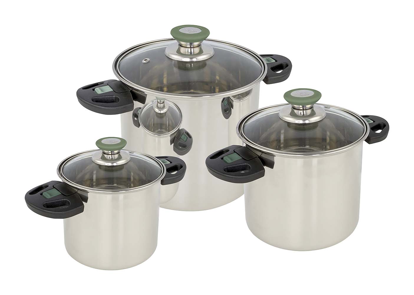 2100931 A luxurious 3-part stainless steelcookware set. Every pan has a lid with heat-resistant knob. In addition, every pan has heat-resistant and retractable hand grips. These hand grips can be easily folded after use so that the pans are fully nestable and compact to store. Save up to 40% space! The pans are narrow and high and thereby extremely suitable for the limited space on gas burners Can be used on gas, ceramic and electrical heat sources. Dimensions (Øxh): 12x11, 16x15 and 20x19 cm. Dimensions nested (Øxh): 20x19 cm. Contents: 1,25, 3 and 6 litres.