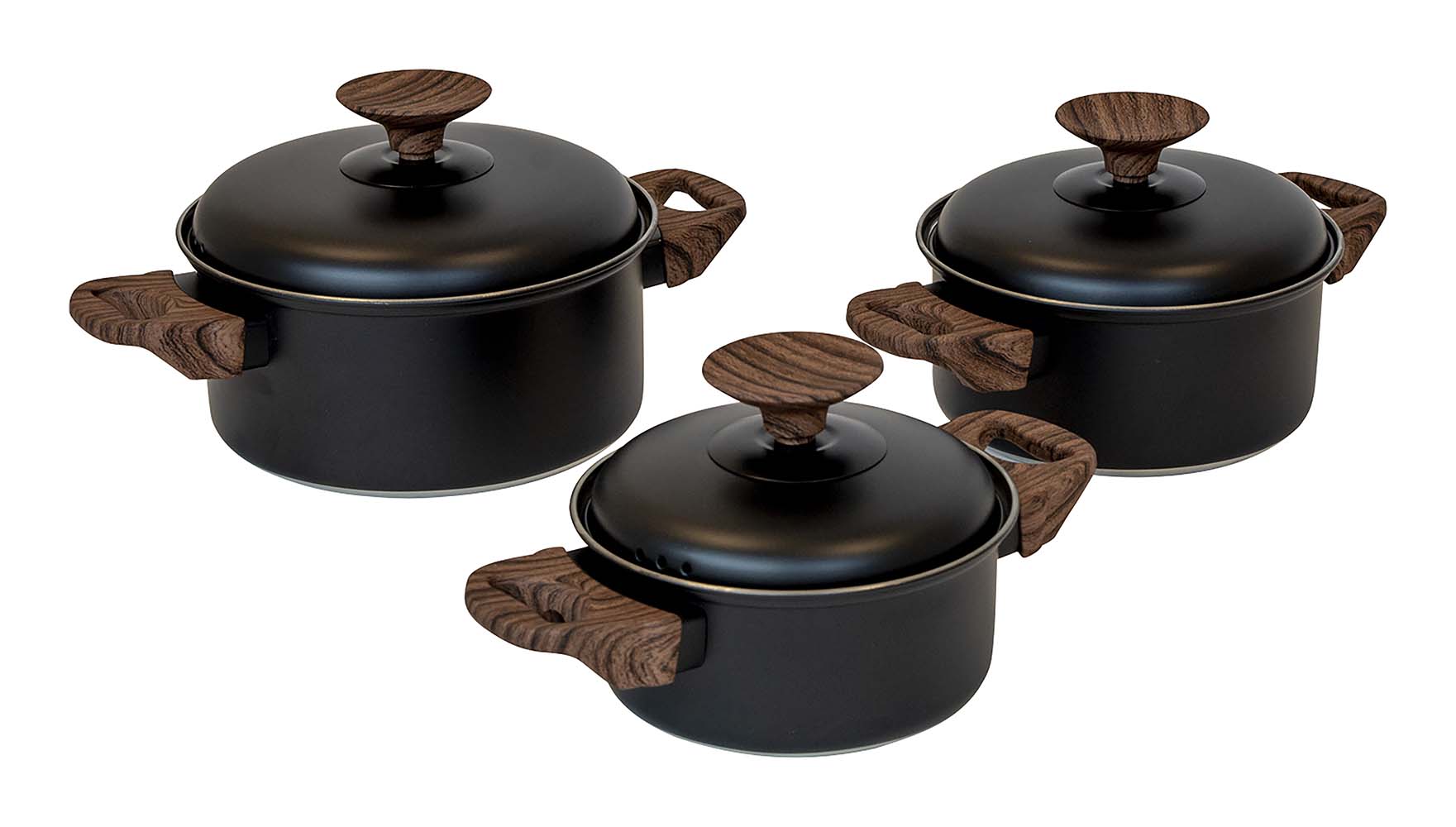 2100972 A 3-part low cookware set. These cooking pans are equipped with sturdy and heat-resistant hand grips and a heat-resistant knob on the lid. The pans have an industrial look because of black stainless steel and the woodlook buttons. Can be used on gas, ceramic and electrical heat sources. Dimensions (Øxh): 14x7, 16x8 and 18x9 cm. Contents: 1,1, 1,6 and 2.3 litres.