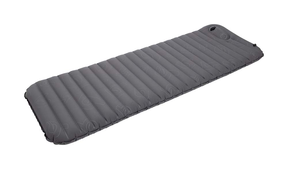 3106605 A compact inflatable mattress made up of compartments ensuring ultimate comfort. The inflatable mattress is made of an extra soft brushed polyester. The polyester has been treated in such a way so that it creaks less than the usual inflatable mattresses. The inflatable mattress has an integrated pump