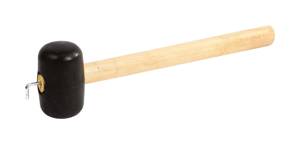 4114775 A solid rubber hammer. Equipped with a wooden handle with a strong reel at the end.