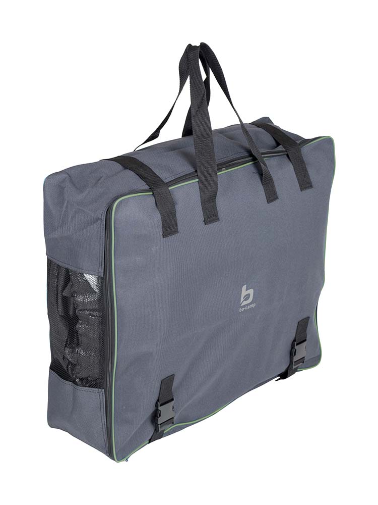 4117360 Sturdy storage bag for tent carpet. A strong Two-Tone 600D Oxford Polyester bag with a zipper, tensioner straps and carrying straps. The cover also has extra ventilation on the side for a moist tent carpet.