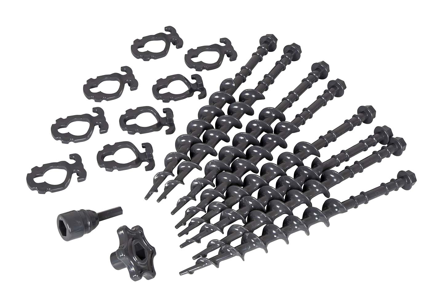 4162015 An 8-part screw pegs set made of strong plastic reinforced with fiberglass. Suitable for hard and soft surfaces. The pegs can be turned into and out of the ground by hand, but also with a drill. Delivered with 8 clips and 2 drill adapters. Includes drill and hand adapter