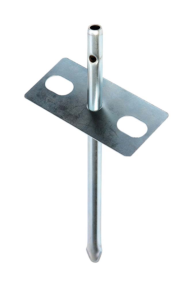 4163900 Sturdy wind screen pegs. A plate with a pen, over which wind screen poles are placed. For guy rope free wind screens. Fits on all common wind screens. Diameter pen: 0.8 cm. Packed in units of 4.
