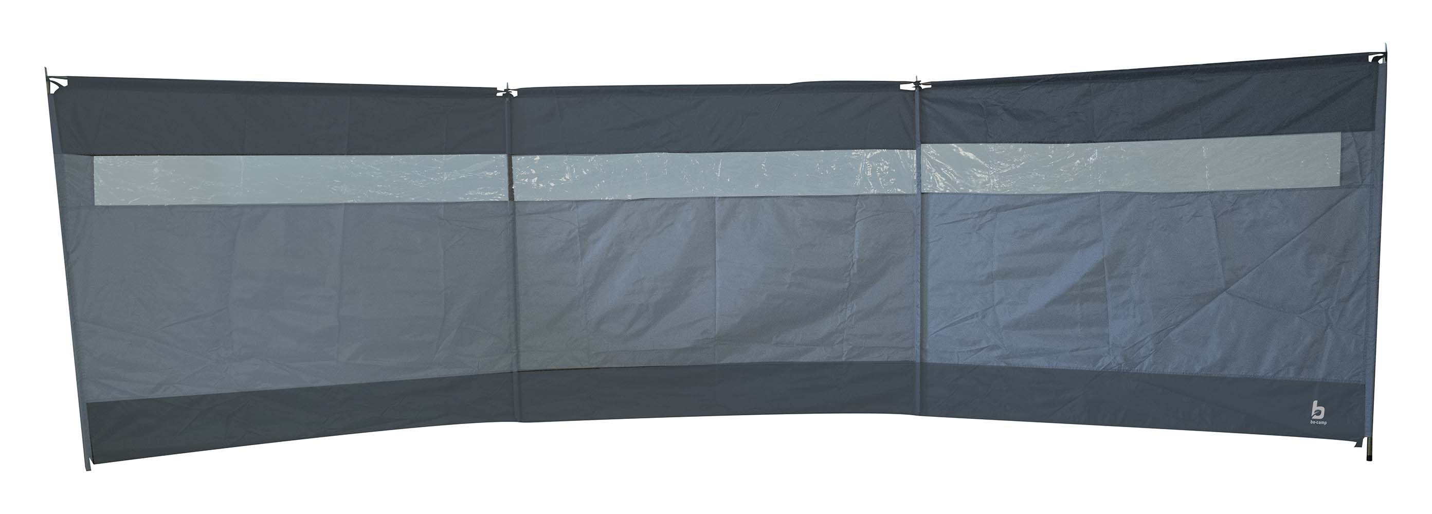 4367643 Extra sold and weather proof 3 part wind screen. This wind screen is extra solid due the UV-resistant coating and the thicker canvas, which also ensures added stability. The wind screen also has top beams and a sturdy PVC frame. Ideal against the wind, the sun or to keep things out of sight. Because the windscreen consists of 3 compartments the angle can be adjusted to any situation. The screen has a modern look. Supplied with a carry bag, guy ropes and thicker pegs.