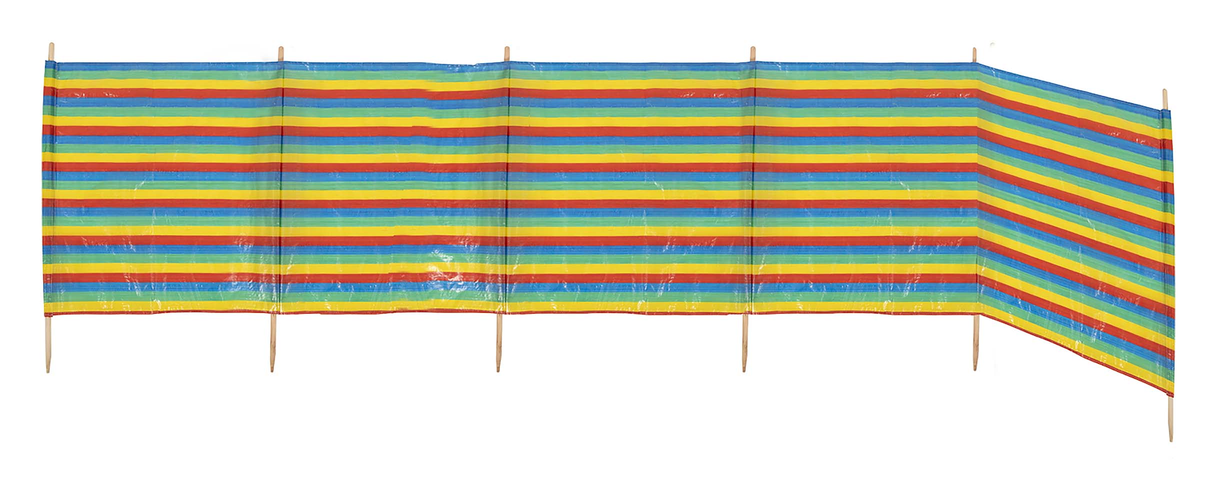 4367648 A cheerful 5 part wind screen. Ideal against the wind, the sun or to keep things out of sight. Because the wind screen consists of 5 parts, the angle can be adjusted to any situation. Including wooden poles of 1.2 meter. This allows the wind screen to be used free standing without having to secure it with guy ropes.