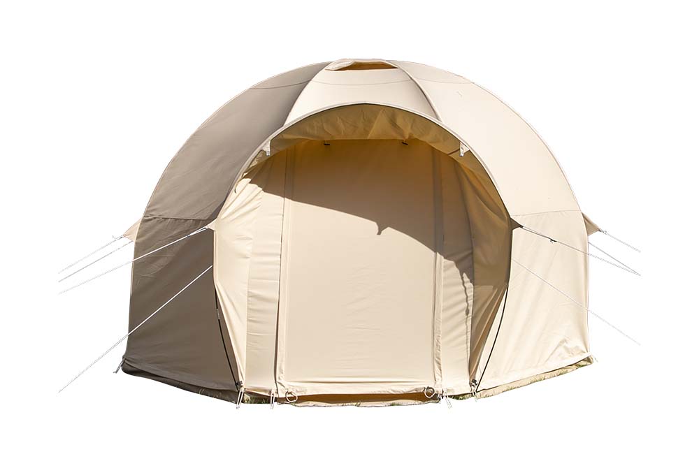 4471528 An extremely popular Yurt tent from the Industrial collection. The Yurt has a large floor area and high ease of use. The diameter of this tent is 350 cm. Made from high quality canvas (280g/m²), and a 420 gram PVC groundsheet. Both are water resistant, rot and mold resistant. Also it has a UV-resistant effect. The groundsheet is fully removable by means of a zipper. Comes with strong pegs, guy ropes and a handy storage bag.