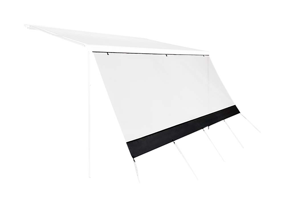 4471685 A convenient sunshade front panel. Provides sun protection without blocking the view. The front panel is easy and quick to install by sliding it into the front rail. It comes with both a thin and thick cord, allowing it to fit into all awnings and caravan rails. The front panel can also be set up freestanding. It can be rolled up compactly and secured with a buckle. Comes with a carry bag, pegs, and guy lines.