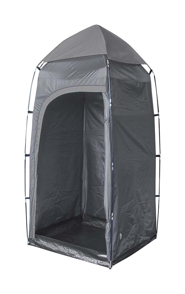 4471890 A handy toilet/shower tent made of sturdy polyester, with a double roof and a removable floor. Ideal to create your own shower or toilet space. Made of polyester with waterproof PU coating. The tent is also equipped with a suspension point to which a solar shower can easily be attached. Supplied with guy ropes, pegs and transport cover.