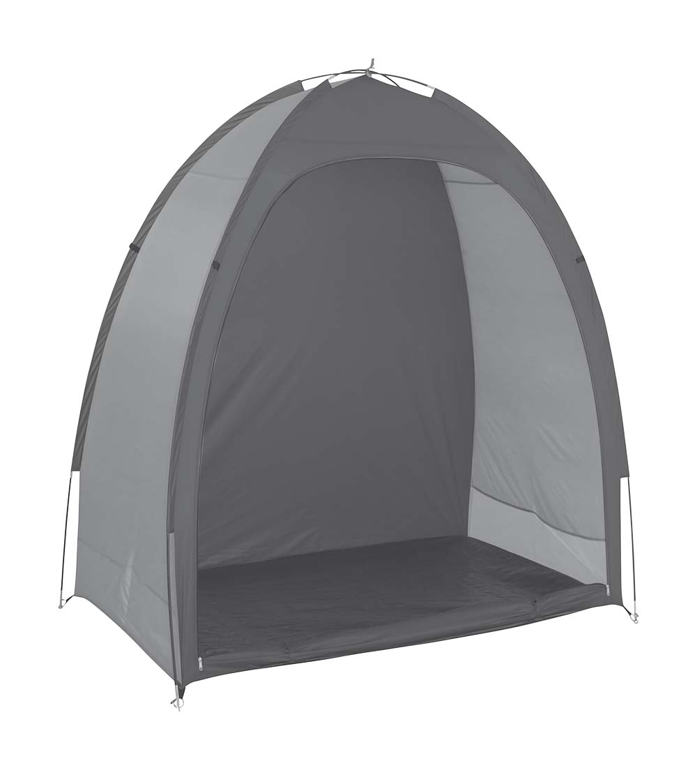 4471900 A compact storage tent. Ideal for storing bicycles and/or storing stuff. A multifunctional tent that is compact to carry and easy to set-up. This storage tent is made from sturdy polyester with a waterproof PU coating (water column of 1000 mm) and a water proof ground sail (water column of 600 mm). The tent poles are crossed for extra stability and made from 8.5 mm fibre glass and the roof has taped seams. The tent comes complete with guy ropes, pegs and a transport cover.