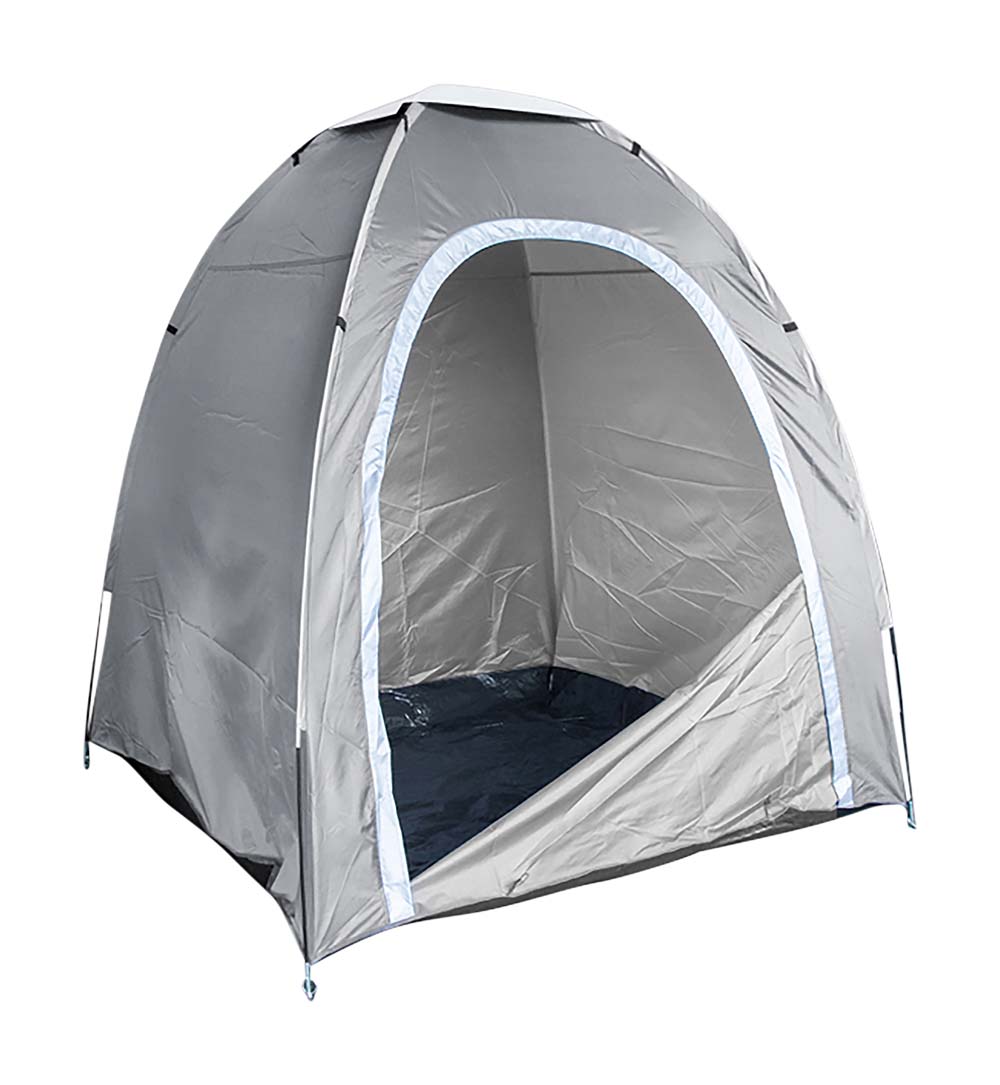 4471925 A solid, very compact and easy to set up storage tent. Made of sturdy 150D polyester with waterproof PU and UV coating. Lockable with a zipper door and with ventilation mesh in the roof. Ideal for bicycles, (camping) articles, as a changing tent, cooking tent or toilet area. Supplied with transport cover, guy ropes, stronger pegs.