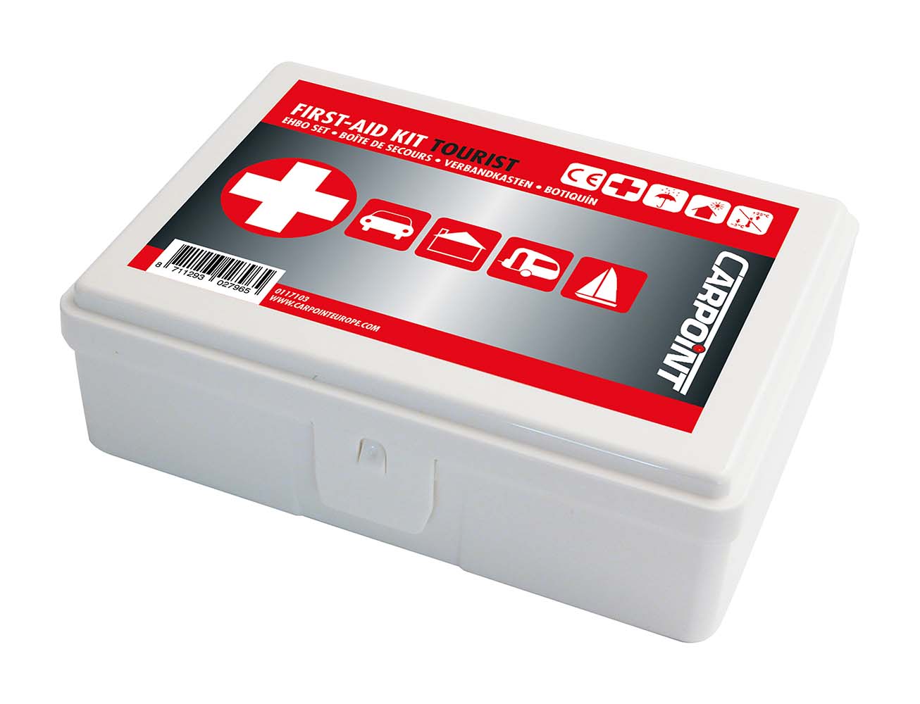5117103 A 21-piece first aid kit. Easy to carry due to its compact travel size. The sturdy plastic box contains: 2 sterile gauzes 1/16, 10gr cotton, elastic bandages, 1 scissors, 1 tweezers, 1 pair of disposable gloves, 10 bandages and 3 antiseptic wipes.