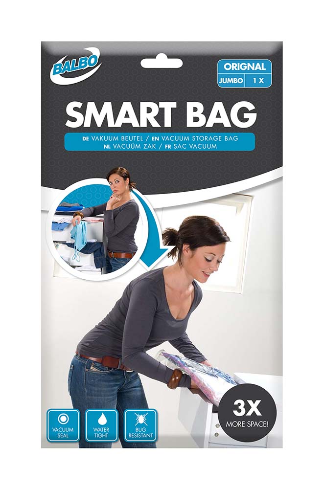 5207873 Save up to 3x more space with the handy Balbo Smart Bag vacuum bag. This air-tight bag makes sure that clothing or other articles are packed compactly and effectively. Ideal for use on the road, but also for storing stuff in cabinets, drawers or other small storage spaces The Balbo Smart bag is easy to vacuum with a vacuum cleaner or pump. The Smart bags also protect your clothing from dirt, dust and insects.
