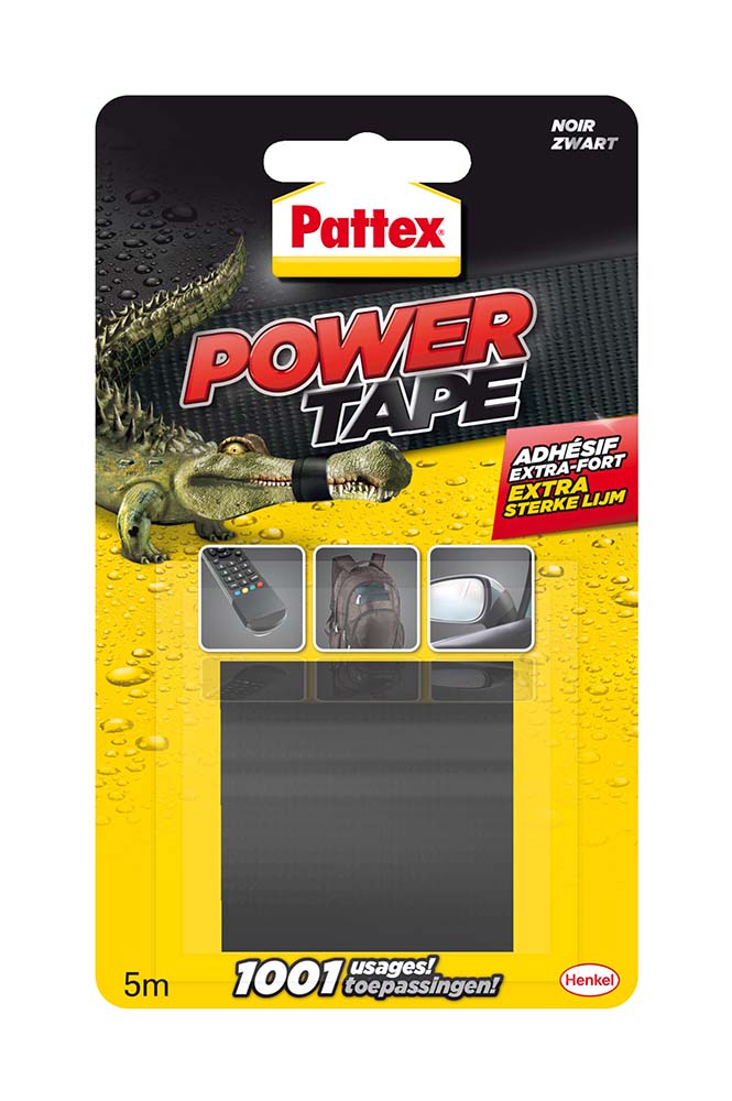 5712168 Pattex Power tape voor als het echt vast moet zitten. De tape is geschikt voor 1001 toepassingen binnen- en buitenshuis en daarnaast supersterk en bestand tegen water- en luchtdruk. Scharen zijn overbodig want Pattex Power Tape kan met de hand worden afgescheurd!